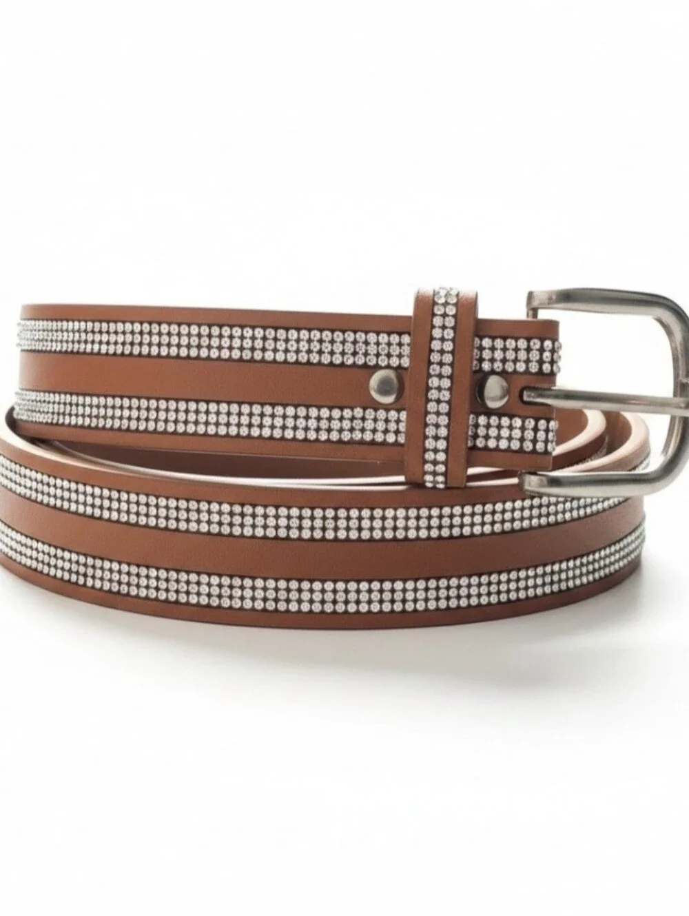 Womens Size XL Brown Leather Belt Parallel Rows Rhinestones Silver-toned Buckle.